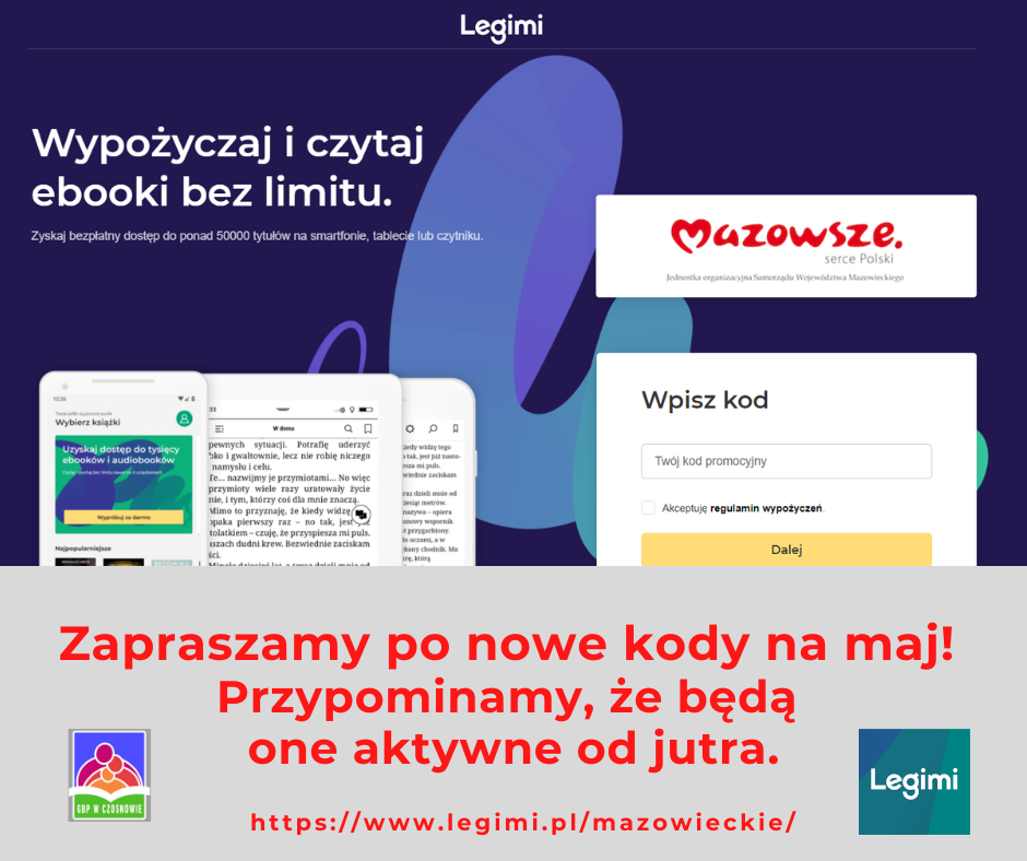 Zapraszamy po nowe kody na maj! Przypominamy, że będą one aktywne od jutra. https://www.legimi.pl/mazowieckie