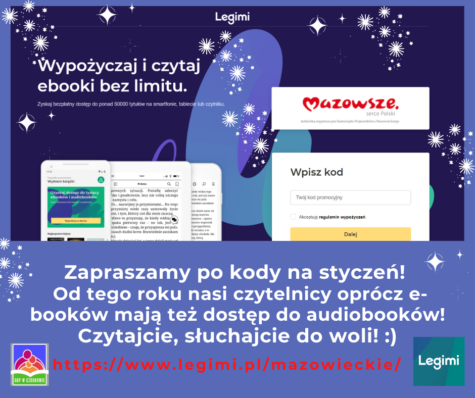 Zapraszamy po kody na styczeń! Od tego roku nasi czytelnicy oprócz e-booków mają też dostęp do audiobooków! Czytajcie, słuchajcie do woli! :) https://www.legimi.pl/mazowieckie/