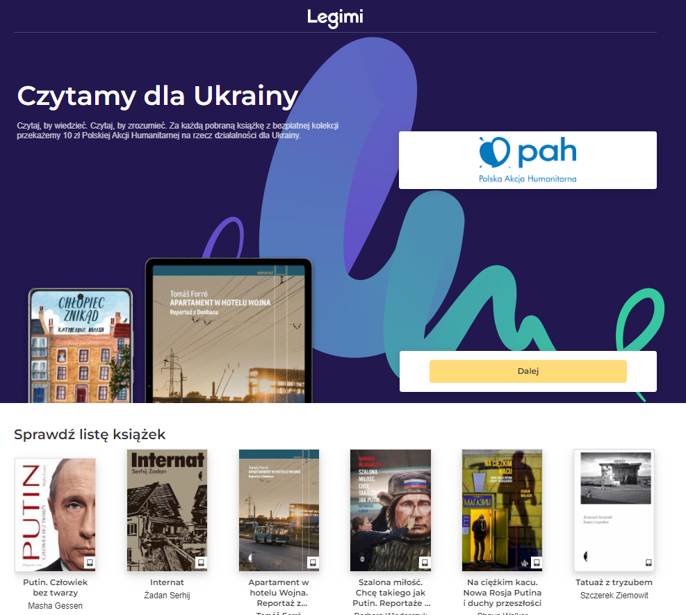 https://www.legimi.pl/czytamydlaukrainy/?fbclid=IwAR1AK3R1ofRMNXsoOGfvFcR5A5J1CFYgGGBoQI_gzmDh_yTZEioLOiahNb4