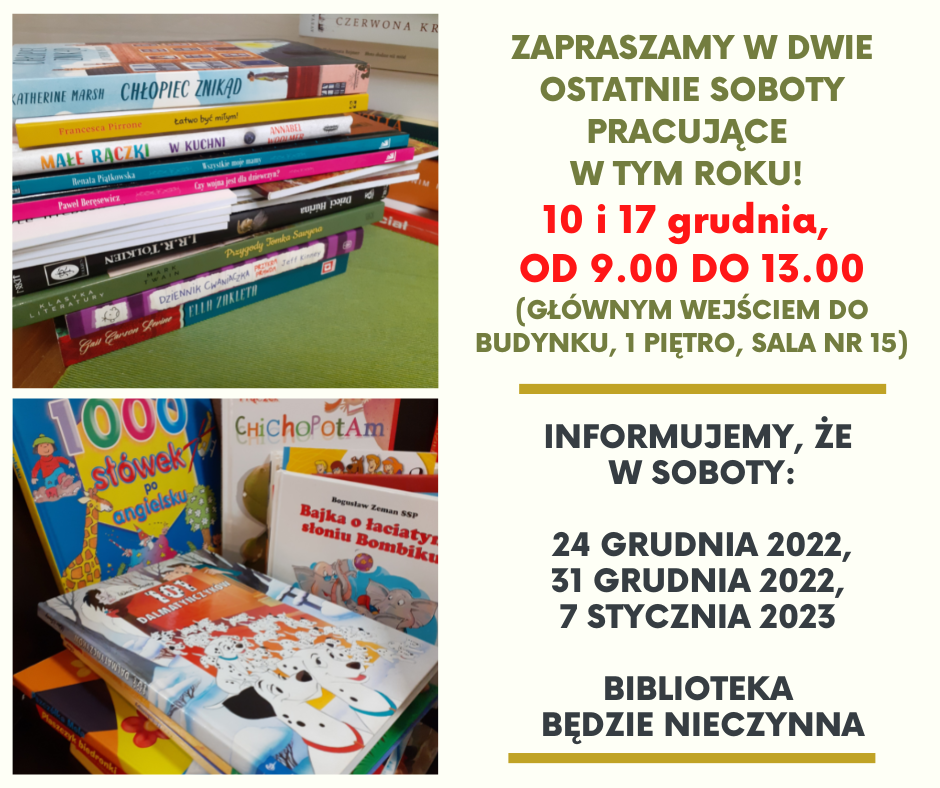 Zapraszamy w dwie ostatnie soboty pracujące w tym roku! 10 i 17 grudnia, od 9.00 do 13.00 (głównym wejściem do budynku, 1 piętro, sala nr 15), 