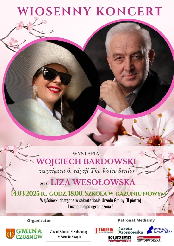 Wiosenny koncert Wojciecha Bardowskiego i Lizy Wesołowskiej 14 marca 2025 o godzinie 18:00 w Kazuniu Nowym. Darmowe wejściówki do odbioru w Gminnej Bibliotece Publicznej w Czosnowie.
