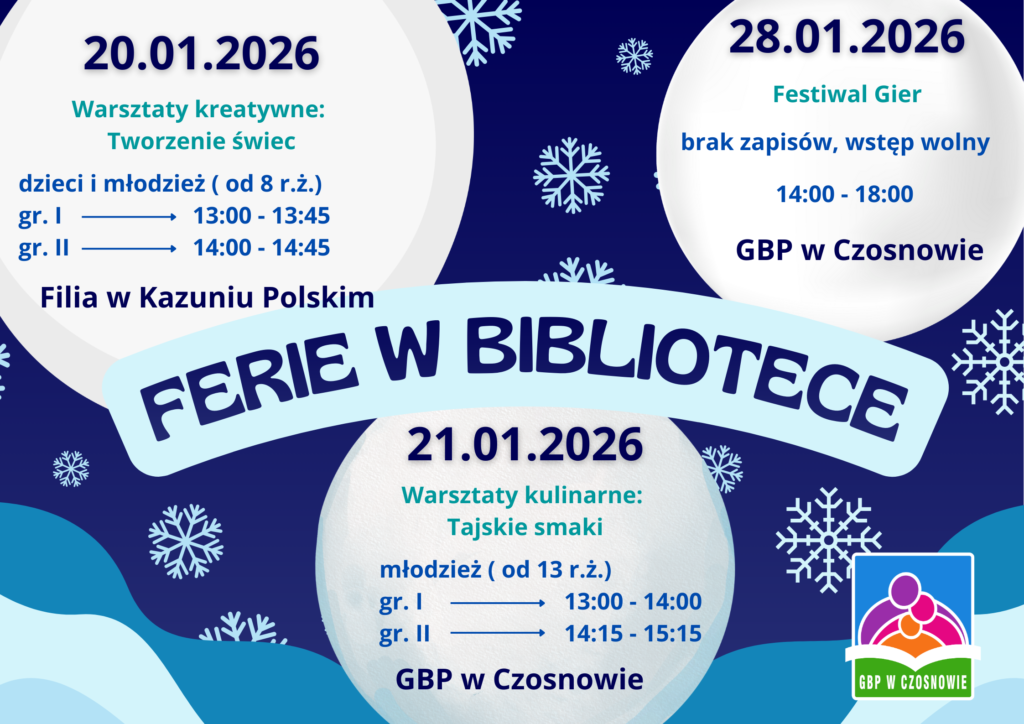 20.01.2026 Warsztaty kreatywne:  Tworzenie świec dzieci i młodzież ( od 8 r.ż.) gr. I 13:00 13:45 gr. II 14:00 - 14:45 filia w kazuniu polskim 21. 01.2026 warsztaty kulinarne tajskie smaki młodzież od 13 r.ż gr I 13:00 - 14:00 gr. II 14:15 - 15:00 gbp w czosnowie 28. 01.2026 festiwal gier brak zapisów wstęp wolny 14:00 18:00 gbp w czosnowie