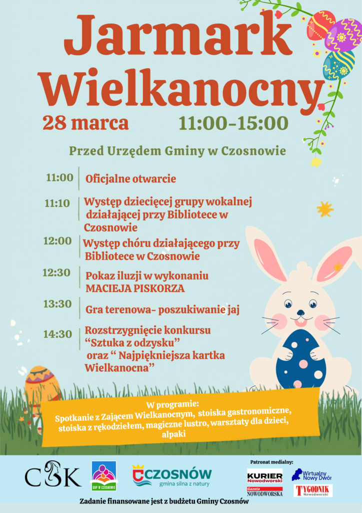 28 marca w godz. 11:00–15:00 zapraszamy przed Urząd Gminy w Czosnowie na wyjątkowy, pełen atrakcji Jarmark Wielkanocny! W programie : ???? Występy dziecięcej grupy wokalnej i chóru ✨ Pokaz iluzji w wykonaniu Macieja Piskorza ???? Gra terenowa – poszukiwanie jaj ???? Rozstrzygnięcie konkursów: „Sztuka z odzysku” oraz „Najpiękniejsza kartka Wielkanocna” Dodatkowo czekają na Was: ???? spotkanie z Zającem Wielkanocnym ???? warsztaty dla dzieci ????️ stoiska z rękodziełem i gastronomią ???? magiczne lustro ???? alpaki Do zobaczenia!